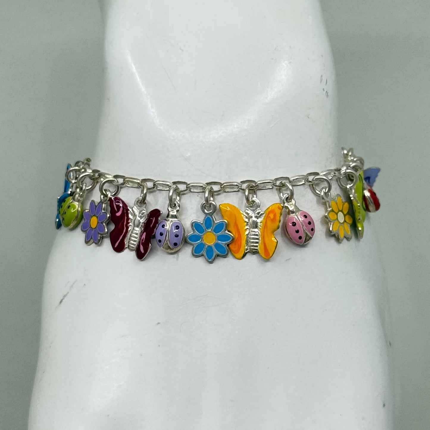 sterling silver crystal enamel flower butterfly ladybug charm bracelet
