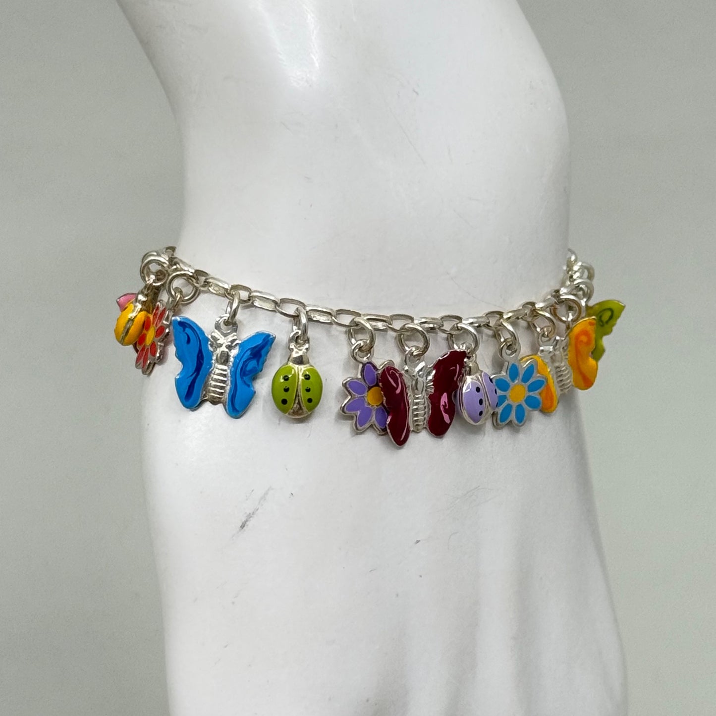 sterling silver crystal enamel flower butterfly ladybug charm bracelet
