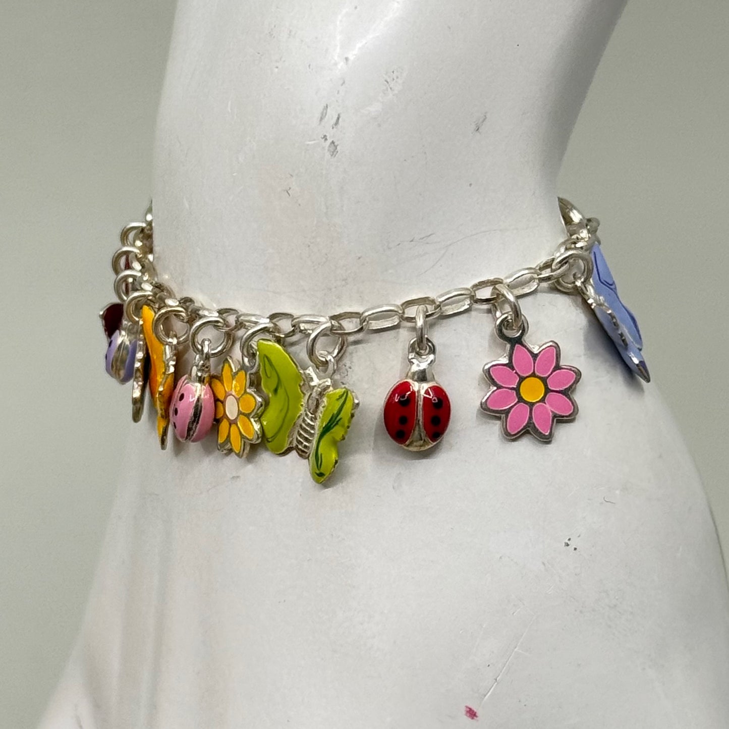 sterling silver crystal enamel flower butterfly ladybug charm bracelet