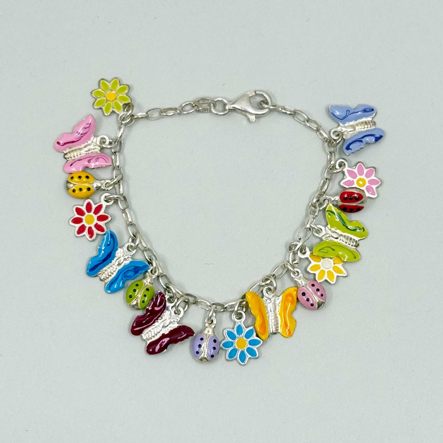 sterling silver crystal enamel flower butterfly ladybug charm bracelet
