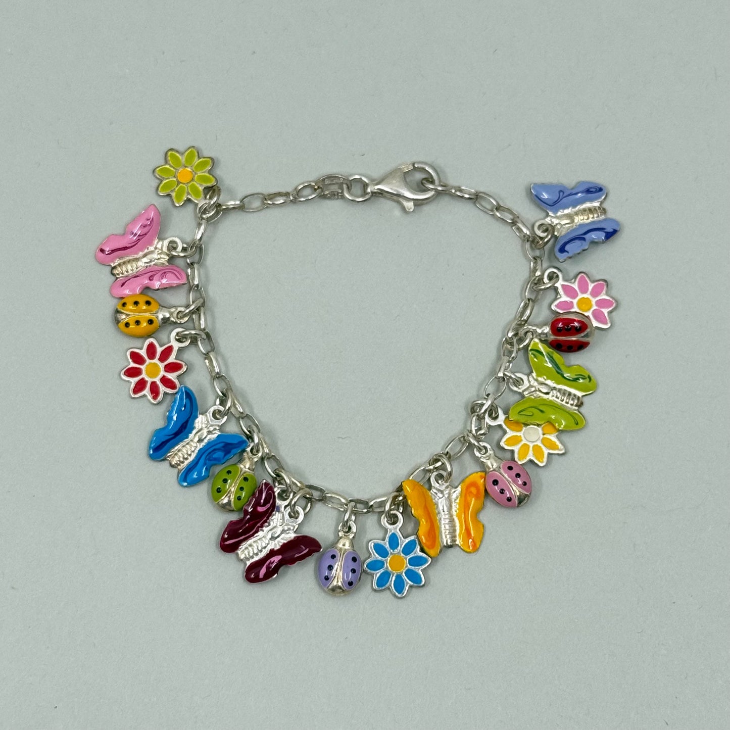 sterling silver crystal enamel flower butterfly ladybug charm bracelet