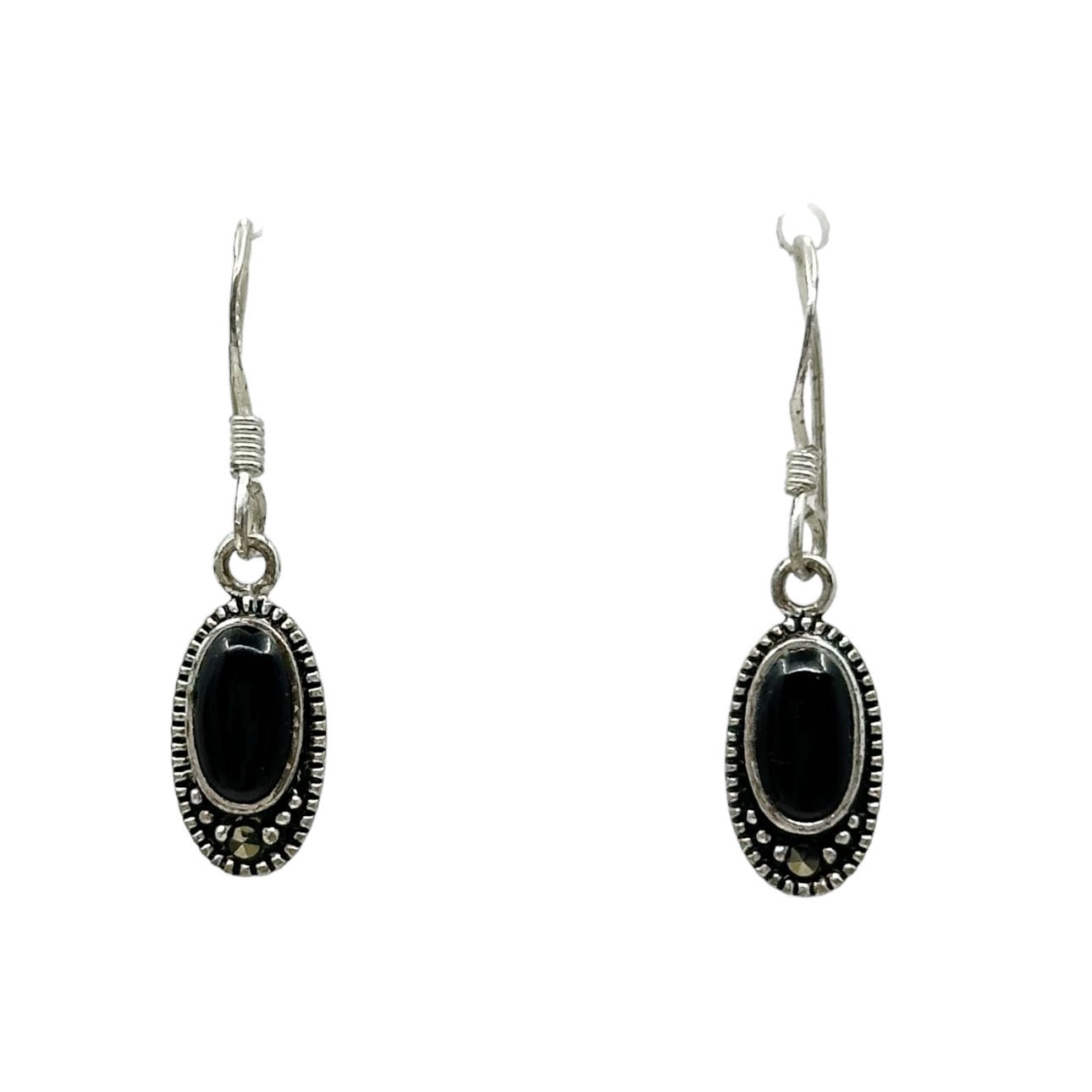 Sterling silver onyx & marcasite drop earrings GM489