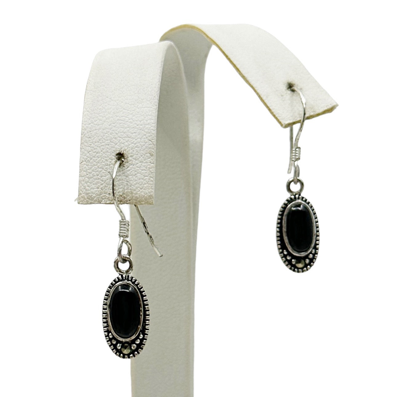 Sterling silver onyx & marcasite drop earrings GM489
