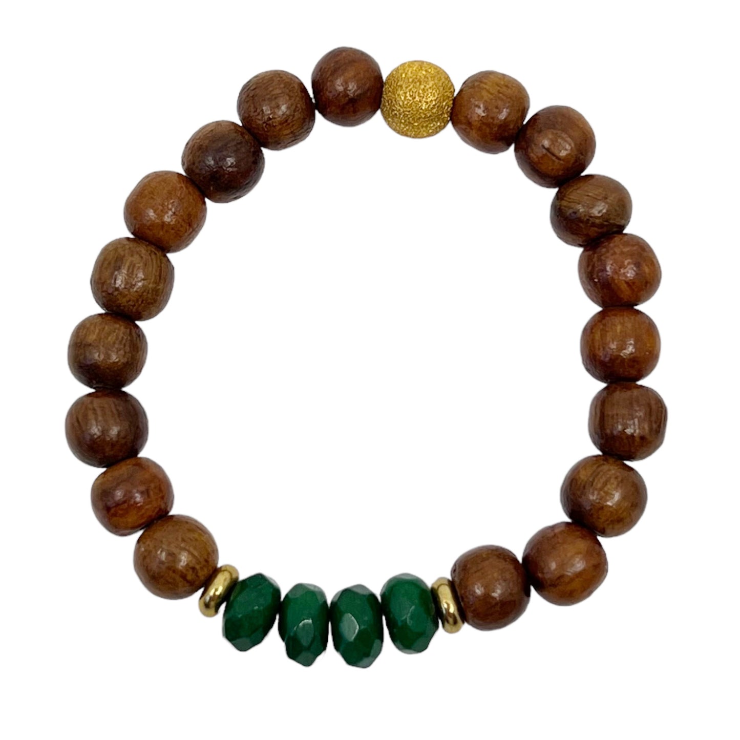 18k Gold vermeil sterling silver wood & chrysoprase bead stretch bracelet GM501