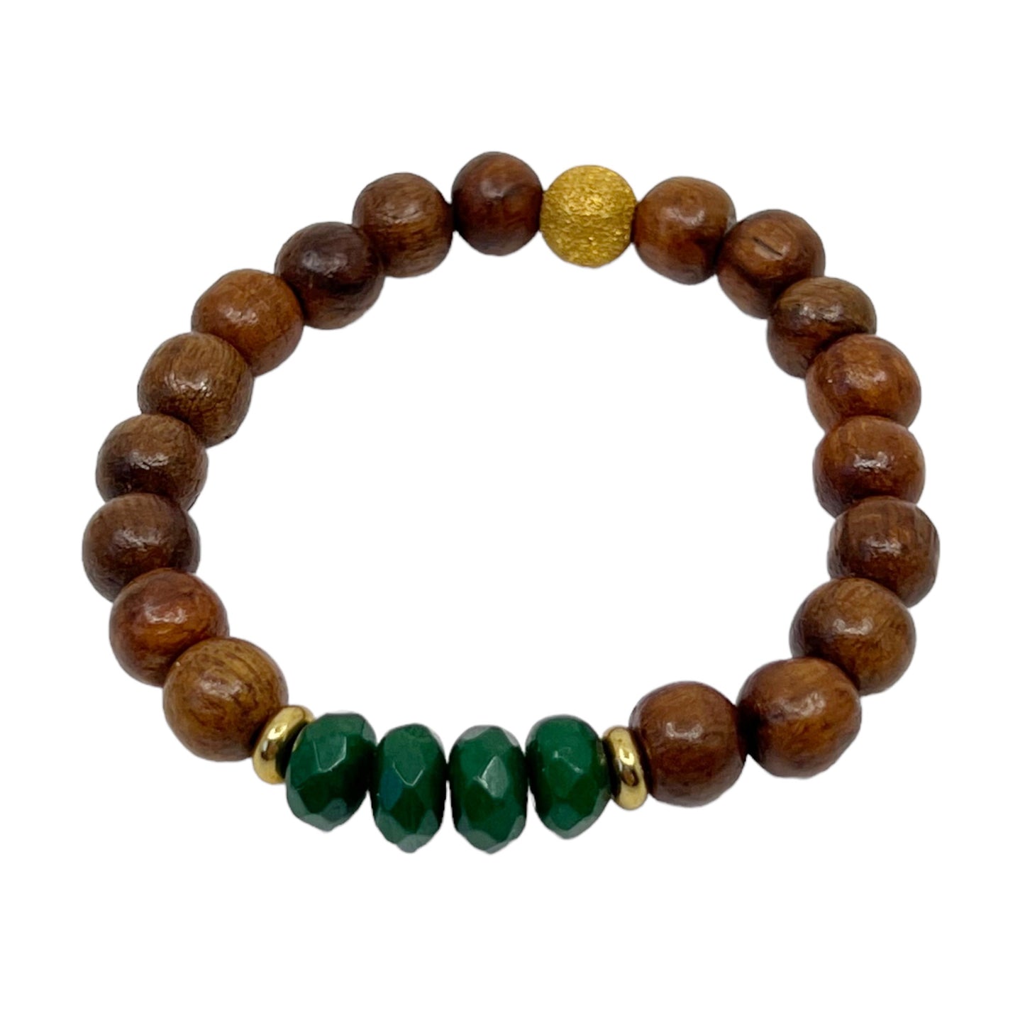 18k Gold vermeil sterling silver wood & chrysoprase bead stretch bracelet GM501