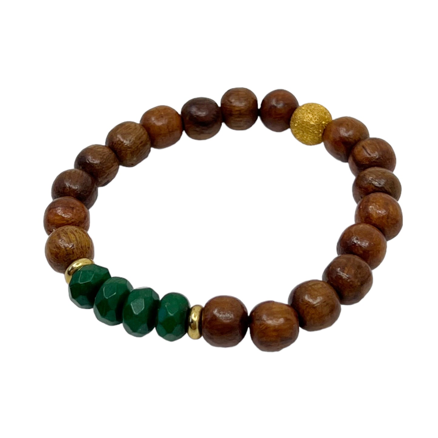18k Gold vermeil sterling silver wood & chrysoprase bead stretch bracelet GM501