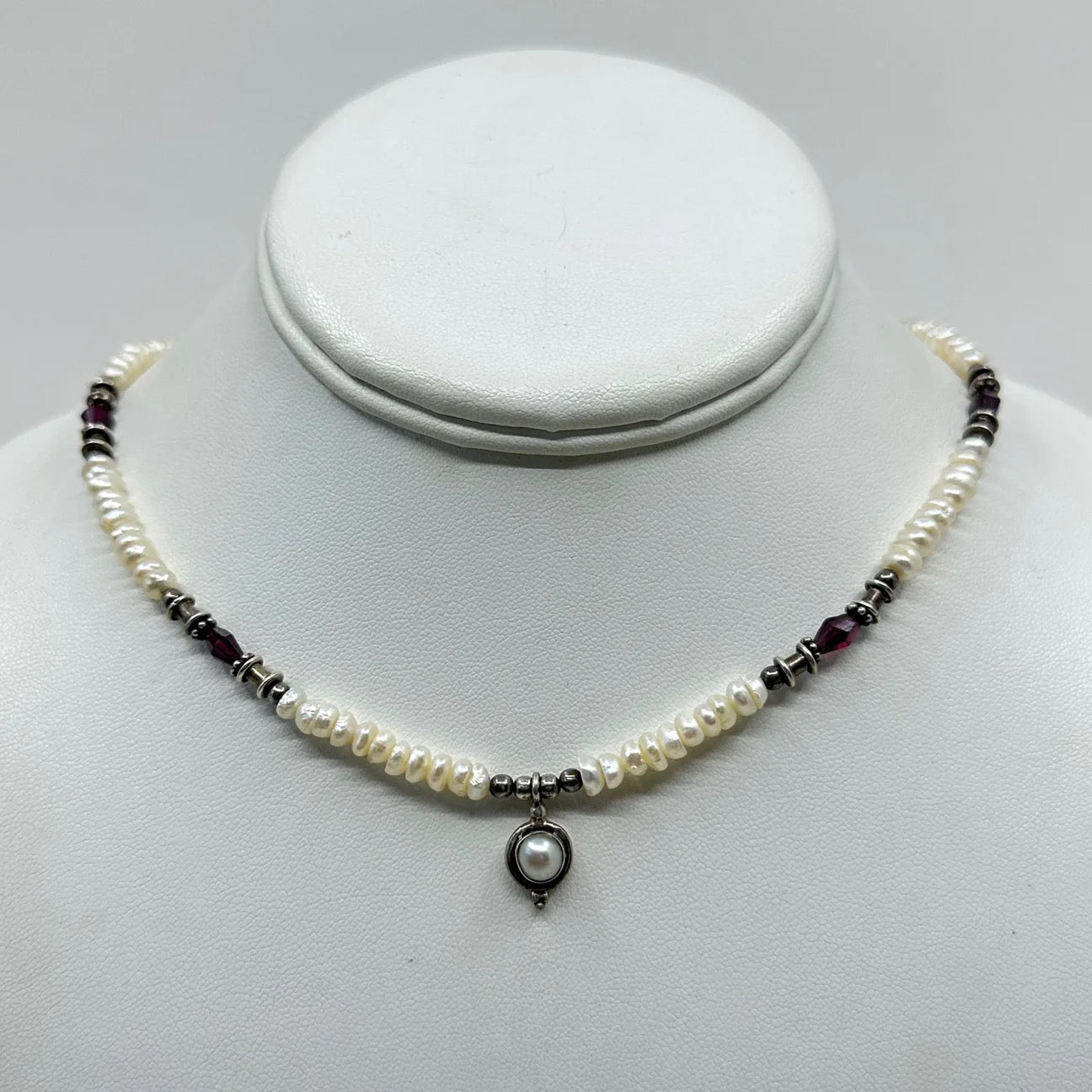 sterling silver pearl & garnet bead necklace GM504