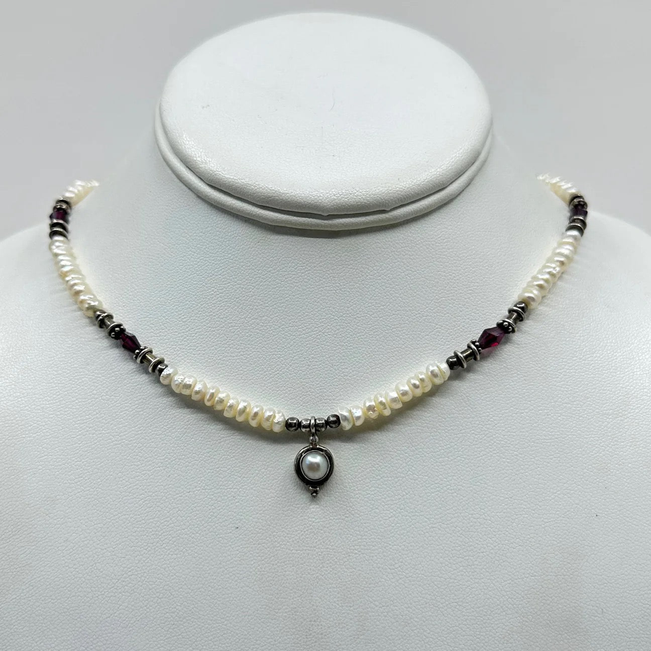 sterling silver pearl & garnet bead necklace GM504