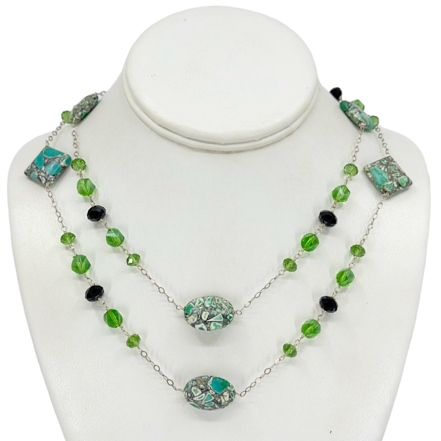 Hand Made sterling silver crystal & sea sediment jasper bead necklace GM510
