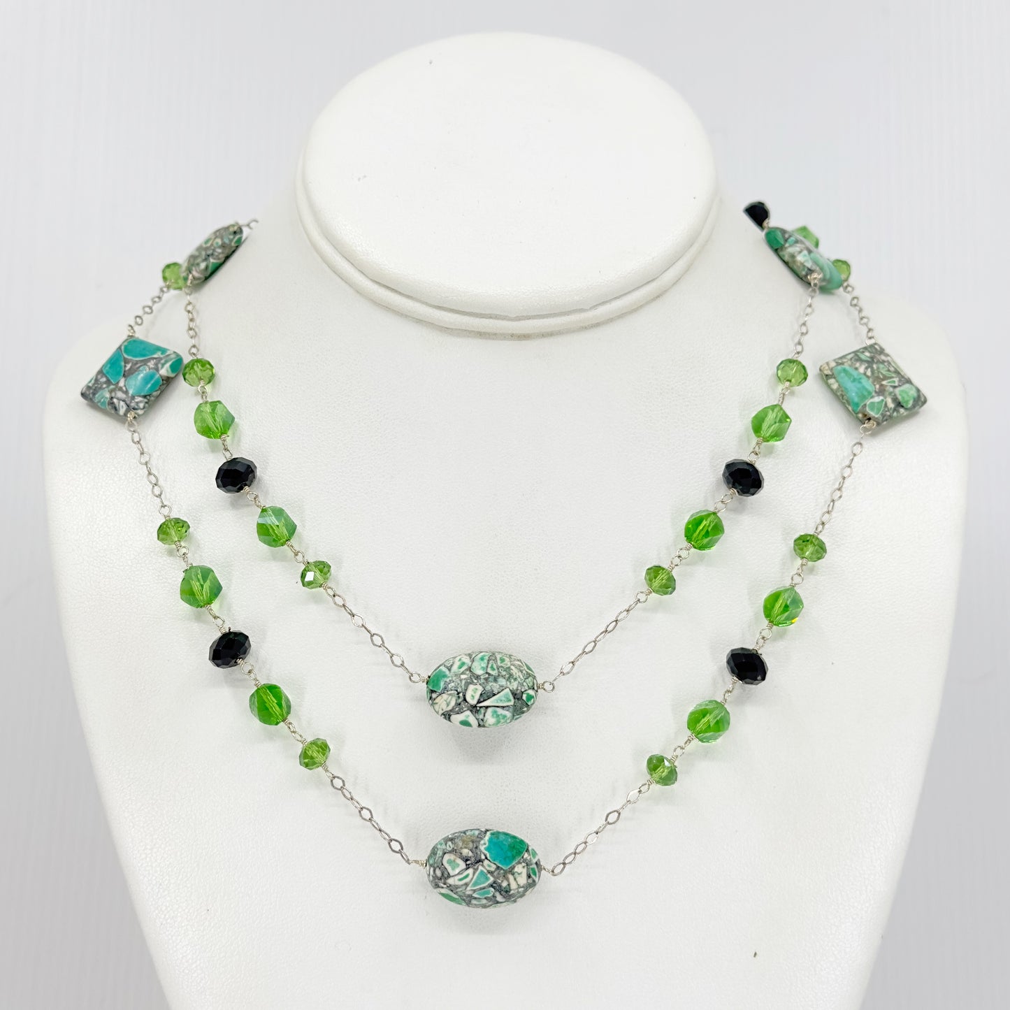 Hand Made sterling silver crystal & sea sediment jasper bead necklace GM510