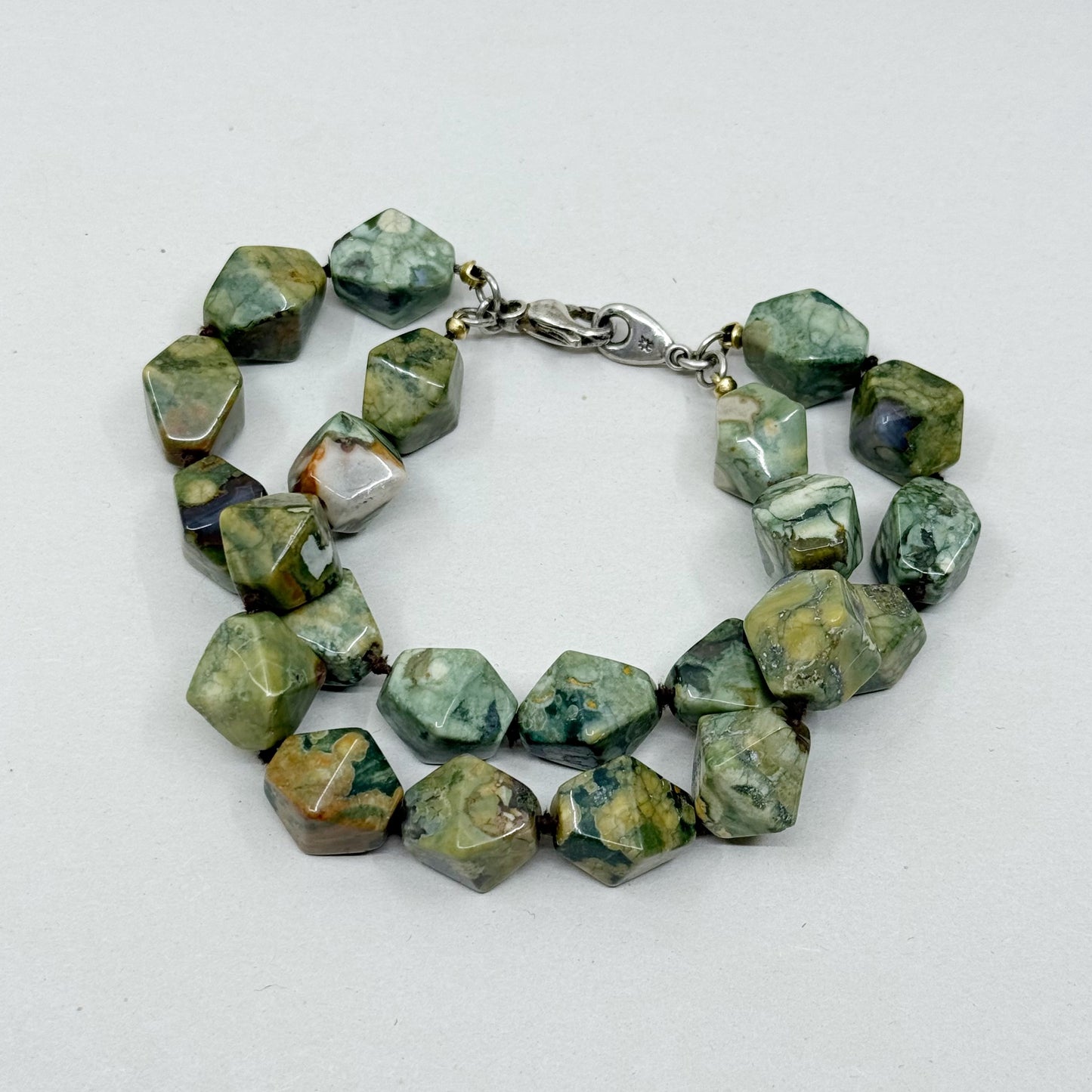 sterling silver Rainforest Rhyolite Jasper bead 2 strand bracelet - GM54