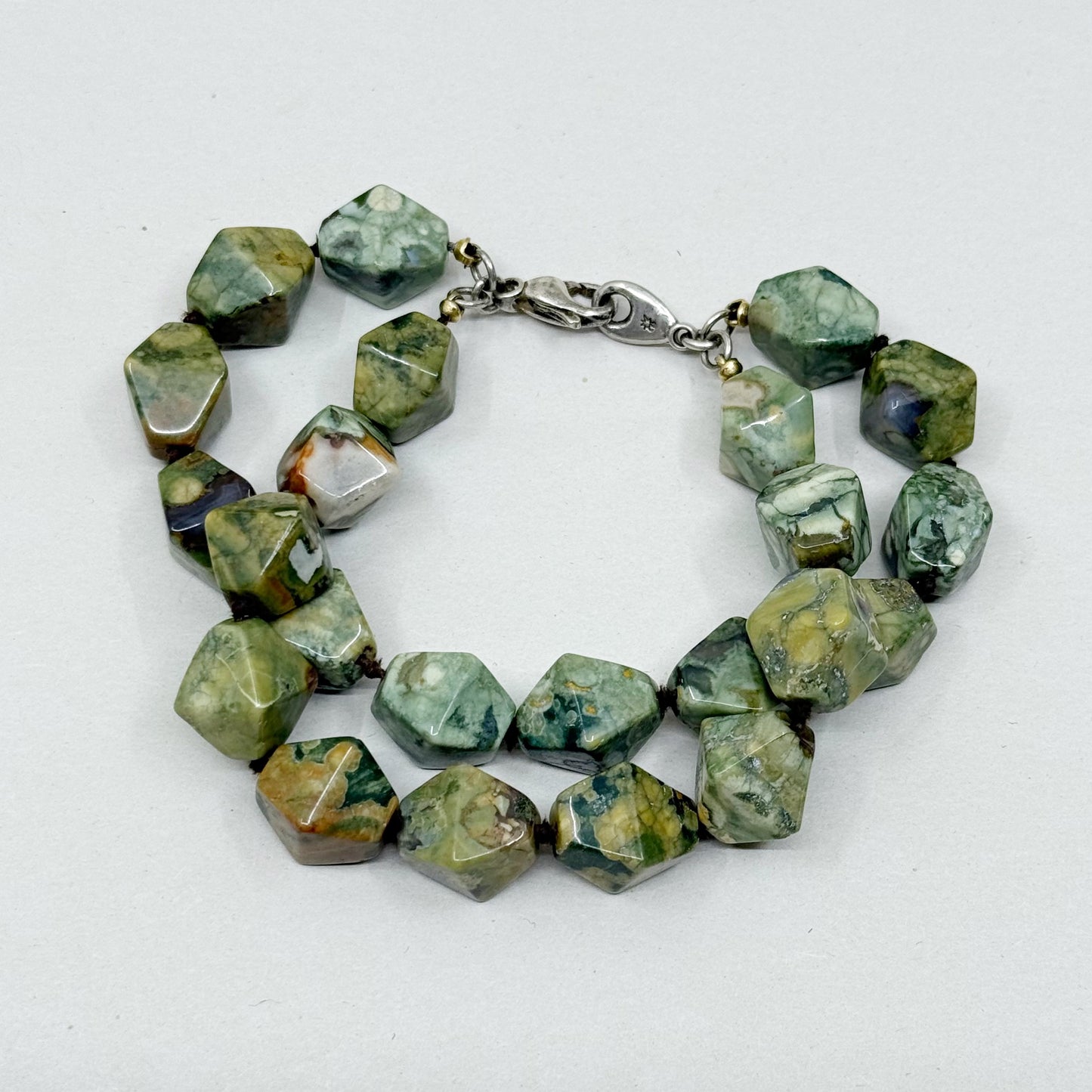 sterling silver Rainforest Rhyolite Jasper bead 2 strand bracelet - GM54