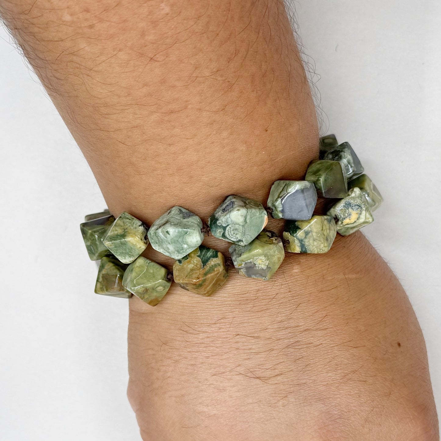 sterling silver Rainforest Rhyolite Jasper bead 2 strand bracelet - GM54