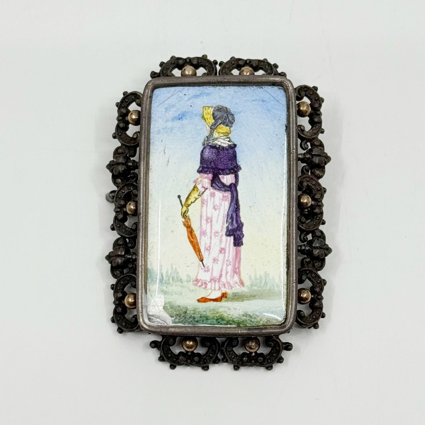 Georgian 18k gold sterling silver Hand Painted porcelain brooch GM577