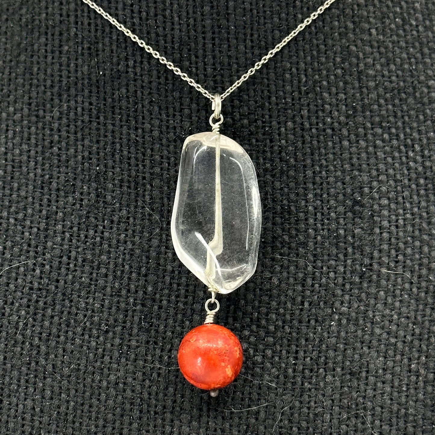 Hand made Sterling silver rock crystal & coral talisman pendant GM588