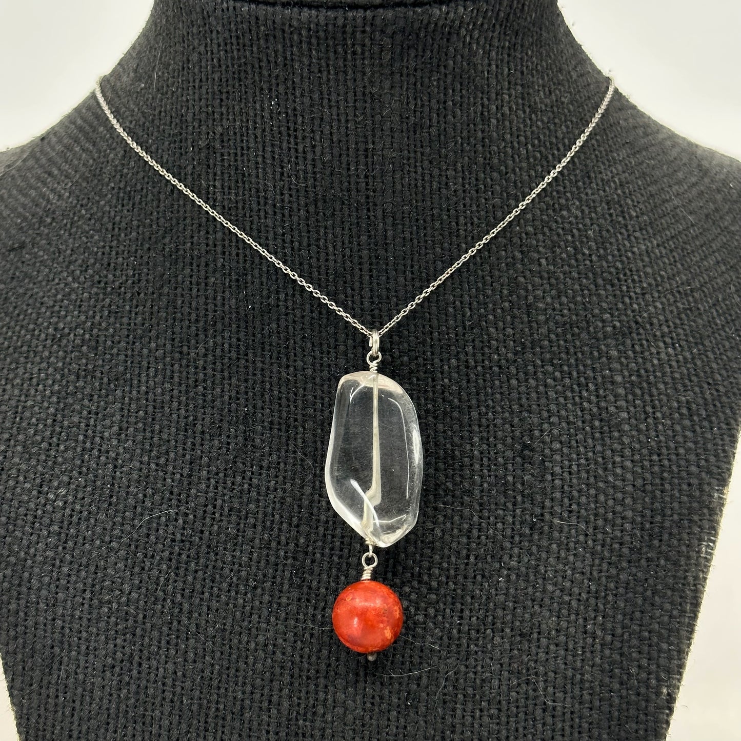 Hand made Sterling silver rock crystal & coral talisman pendant GM588