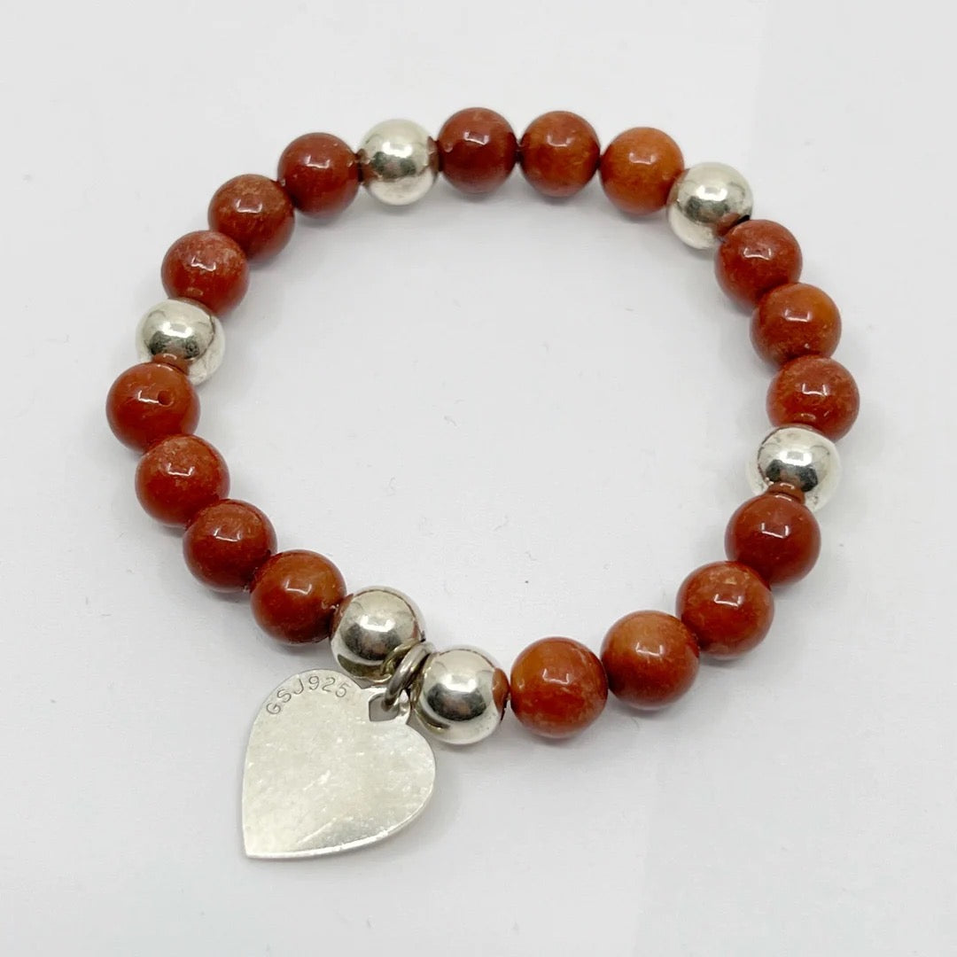 sterling silver jasper bead heart charm bracelet GM589