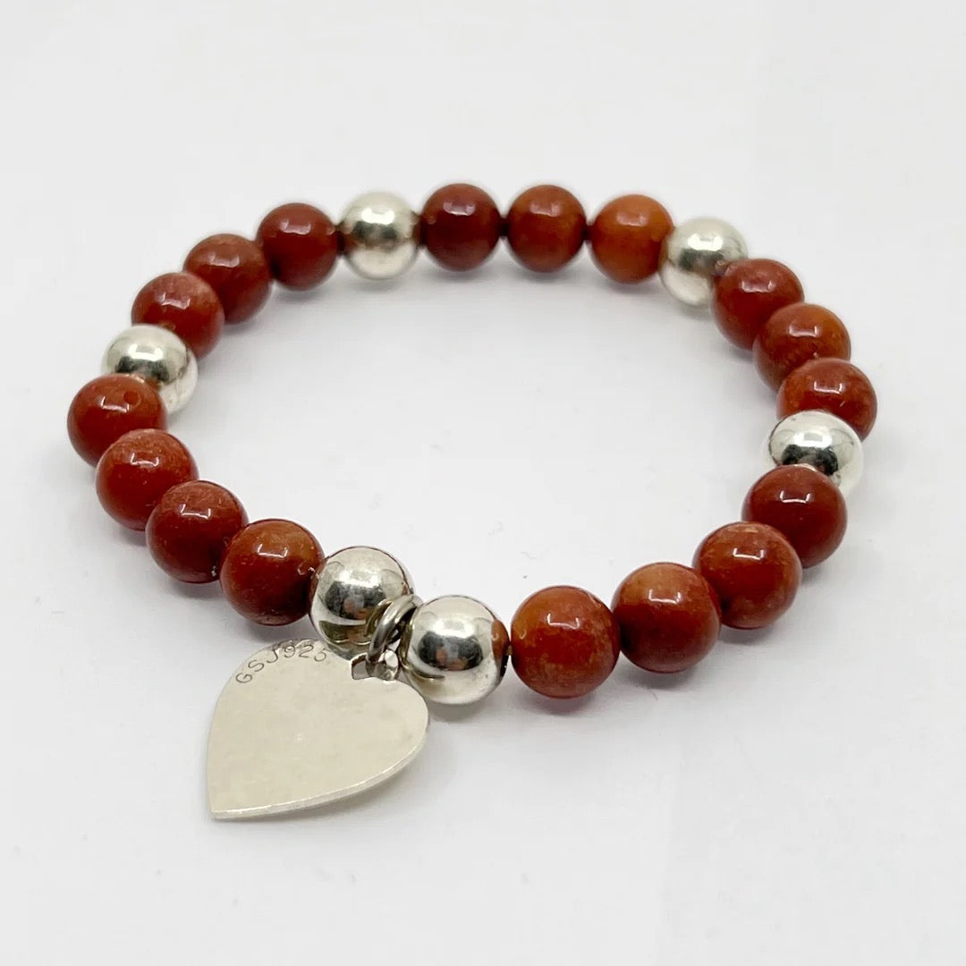 sterling silver jasper bead heart charm bracelet GM589
