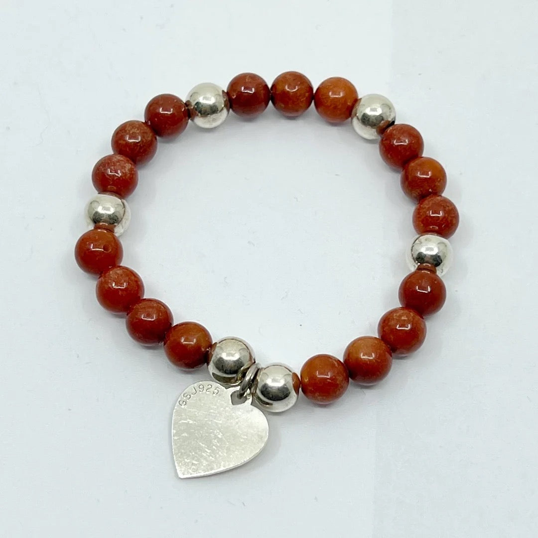 sterling silver jasper bead heart charm bracelet GM589