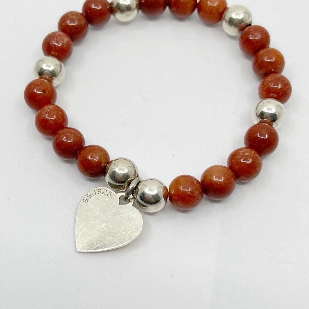 sterling silver jasper bead heart charm bracelet GM589