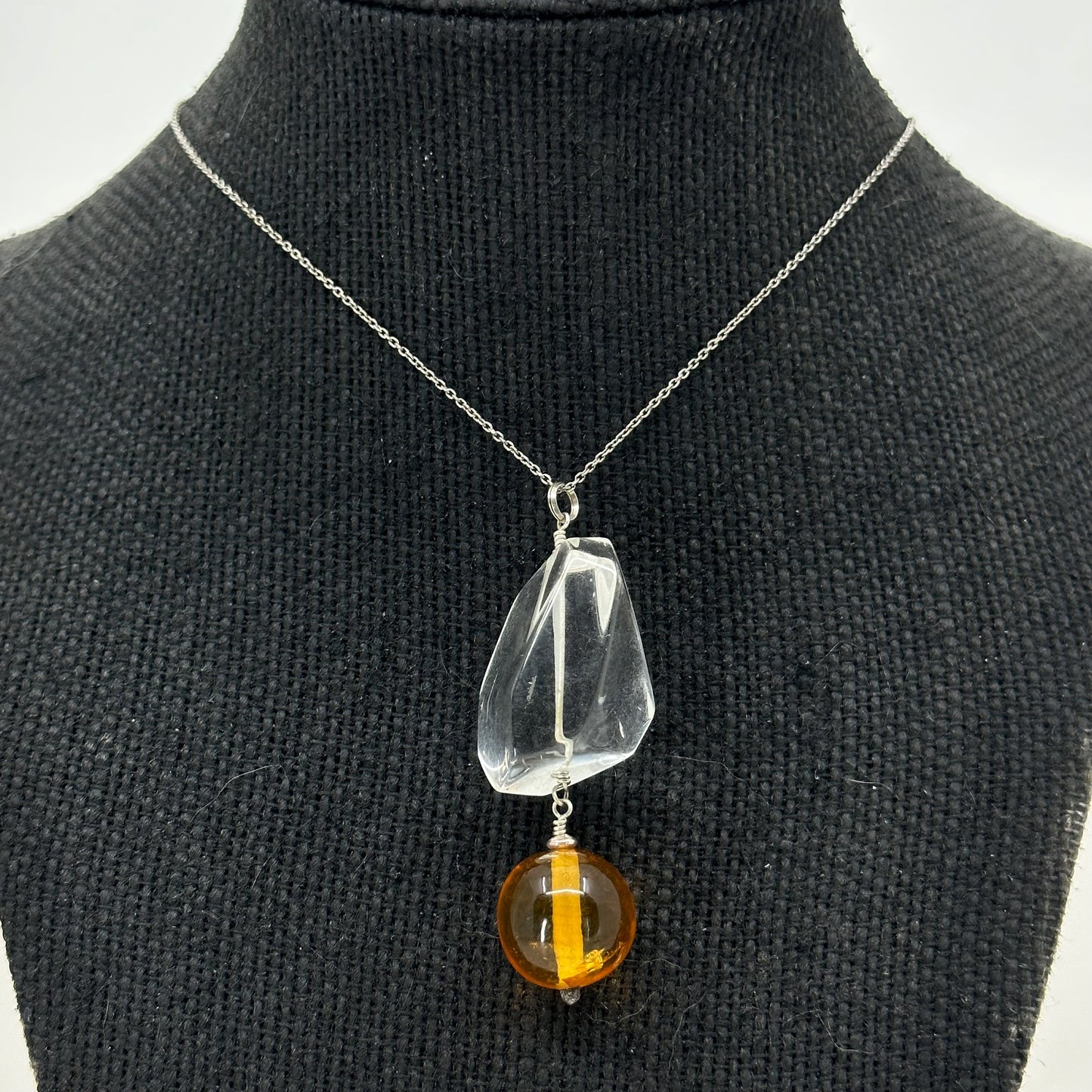 Hand made Sterling silver rock crystal & Baltic amber talisman pendant GM590