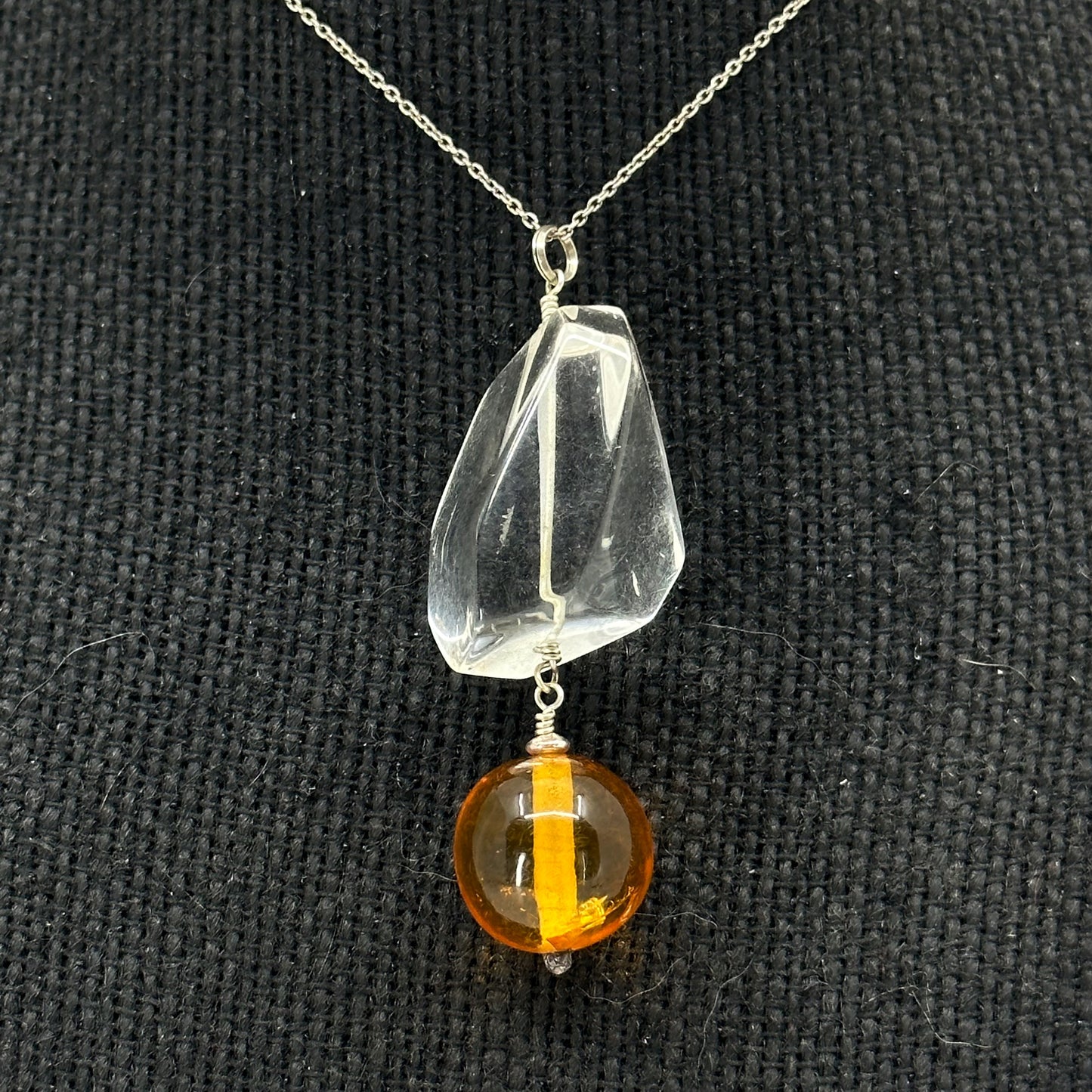 Hand made Sterling silver rock crystal & Baltic amber talisman pendant GM590