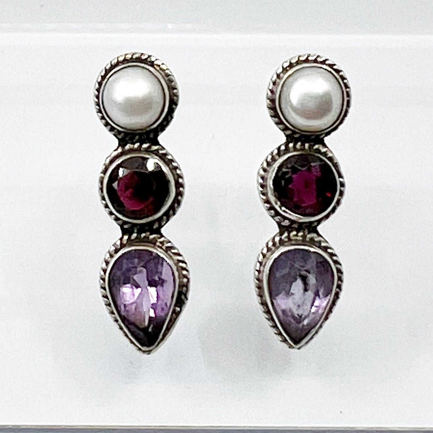 sterling silver pearl garnet & amethyst earrings GM603