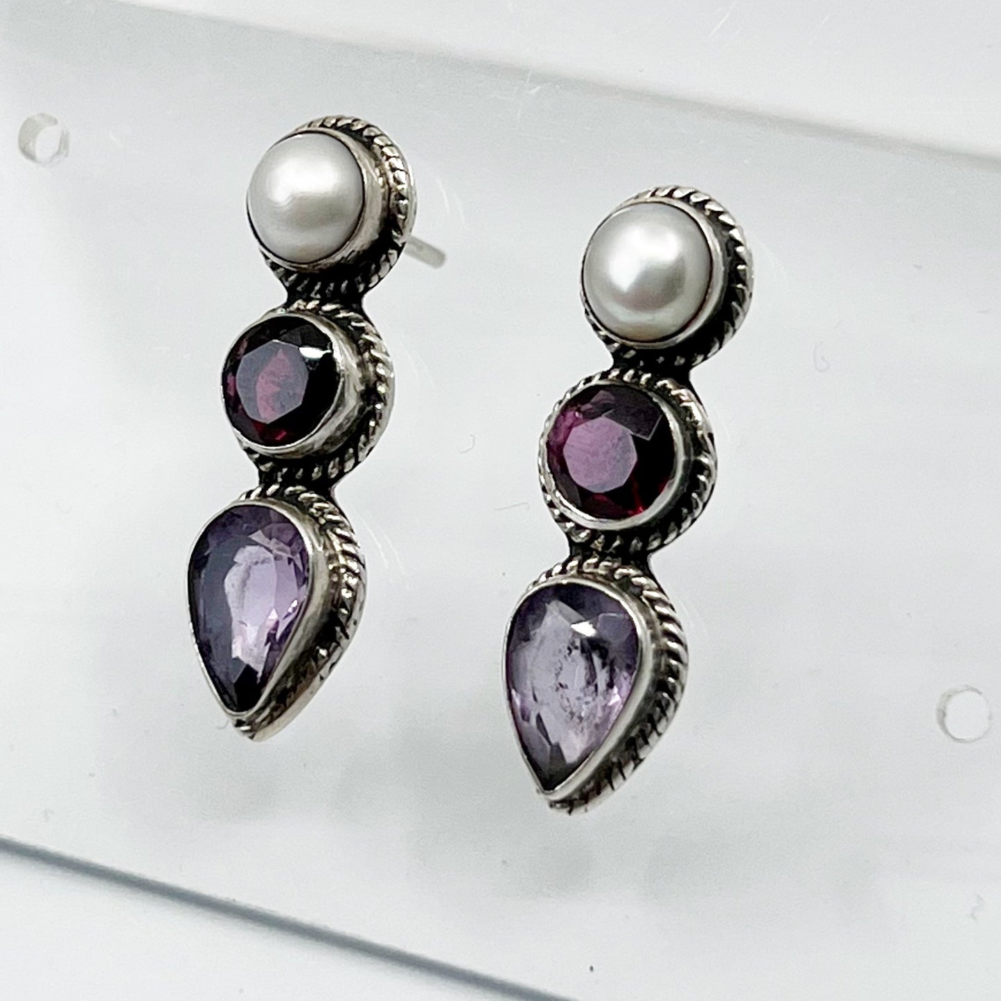 sterling silver pearl garnet & amethyst earrings GM603