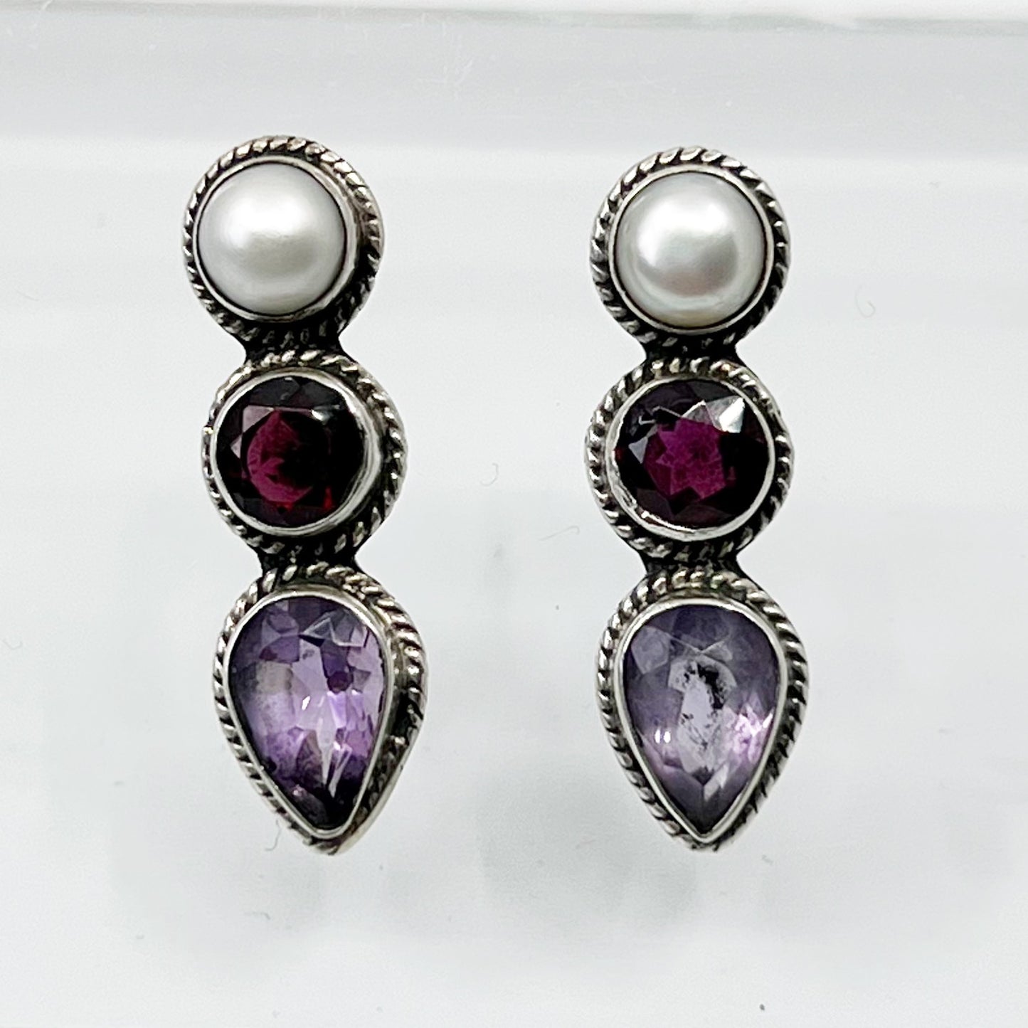 sterling silver pearl garnet & amethyst earrings GM603