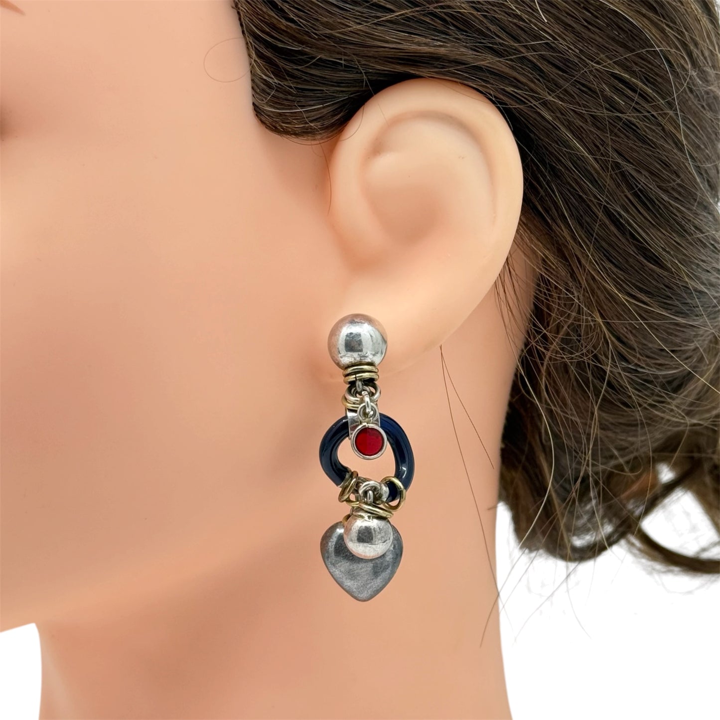 Modernist sterling silver enamel heart drop earrings - GM604