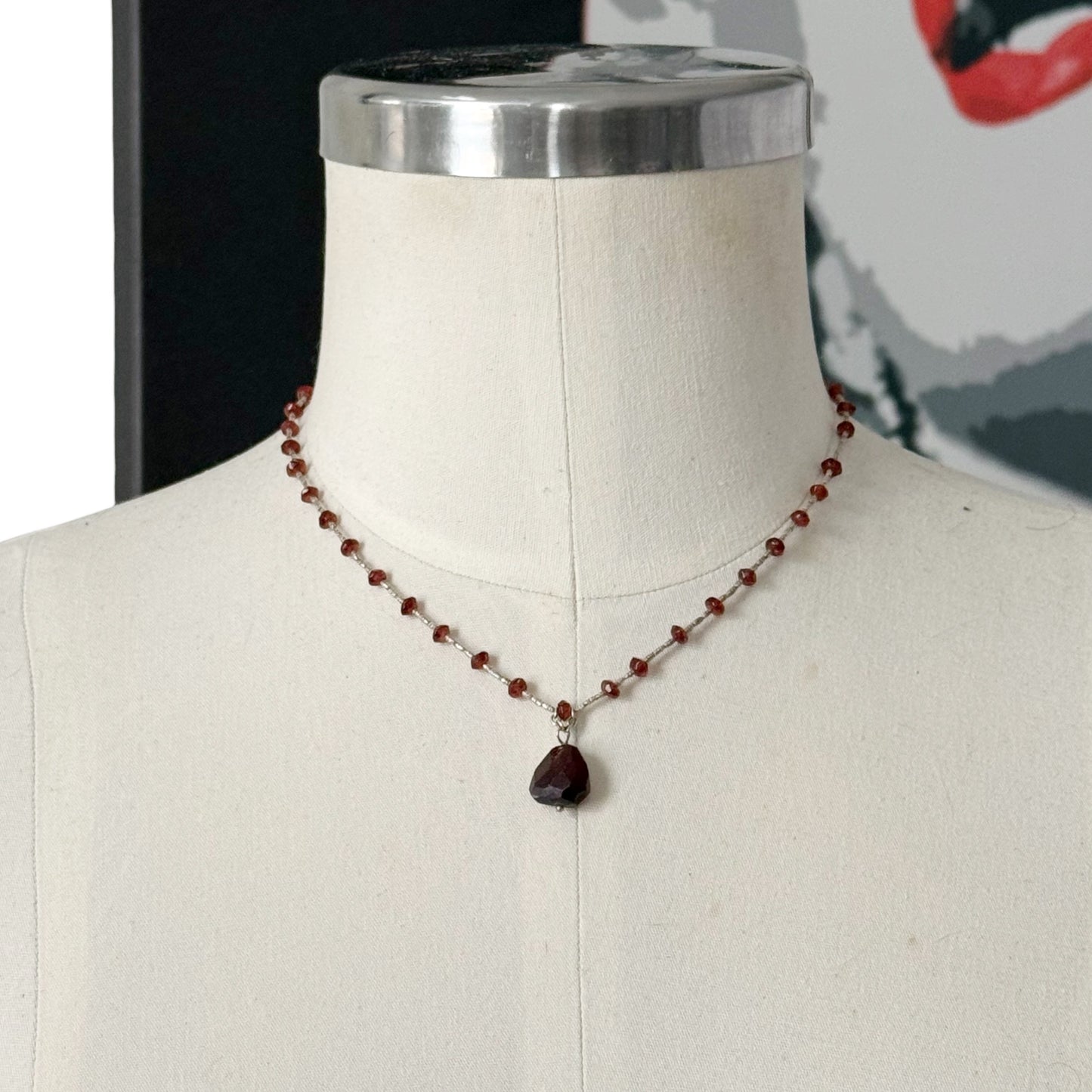 Hand Made sterling silver garnet bead necklace - GM608