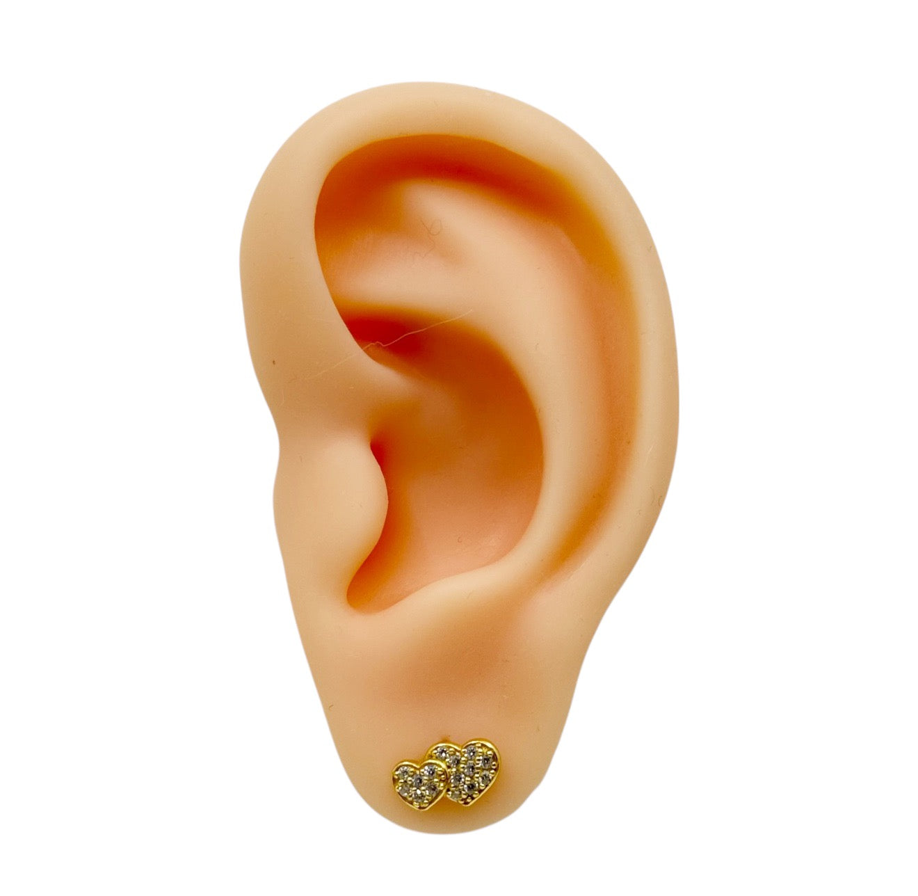 Single Gold Vermeil Sterling silver cubic zirconia double heart stud earrings - GM610