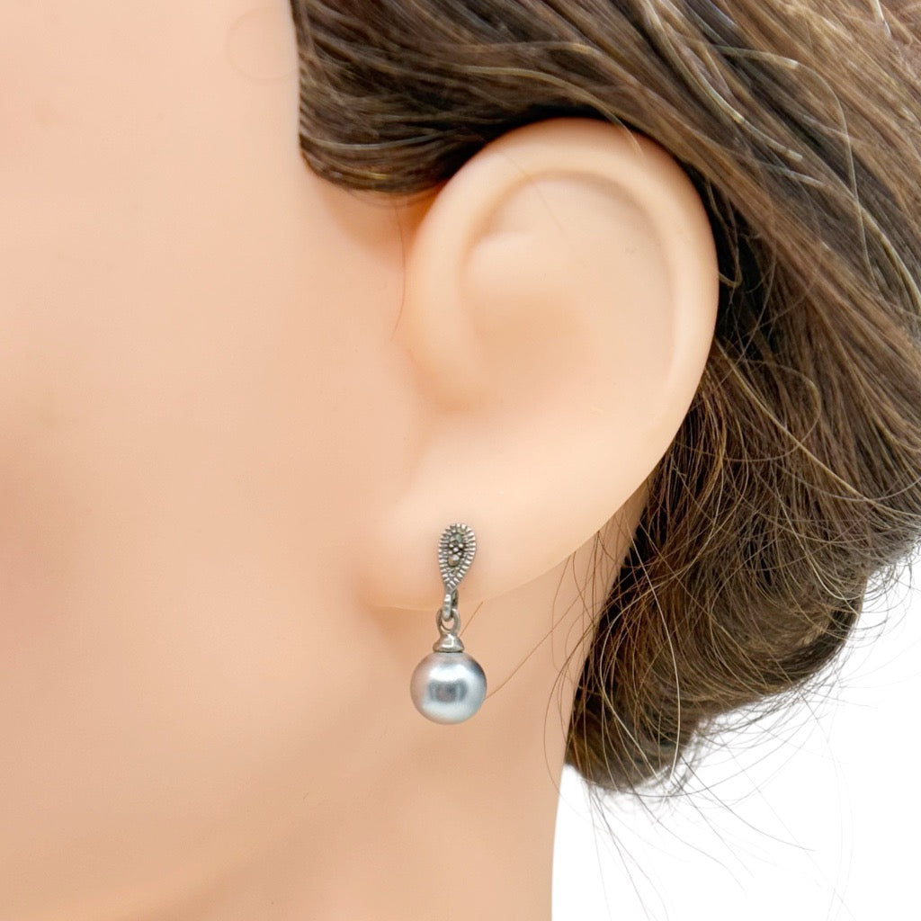 Sterling silver pearl & marcasite earrings - GM637