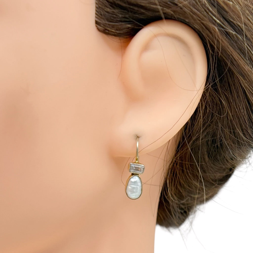 Gold Vermeil Sterling silver pearl & white topaz earrings - GM646