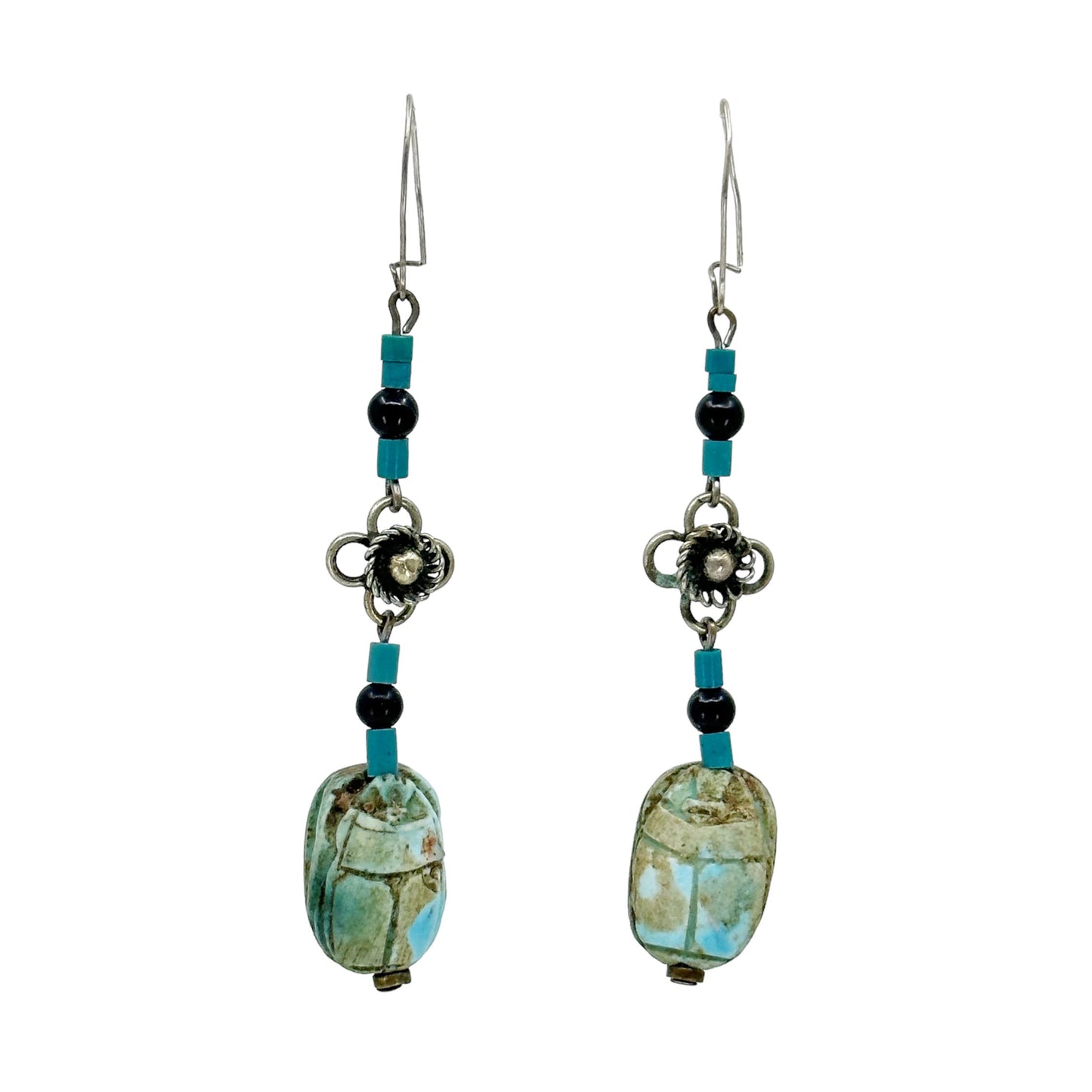 Vintage sterling silver Egyptian scarab drop earrings GM660