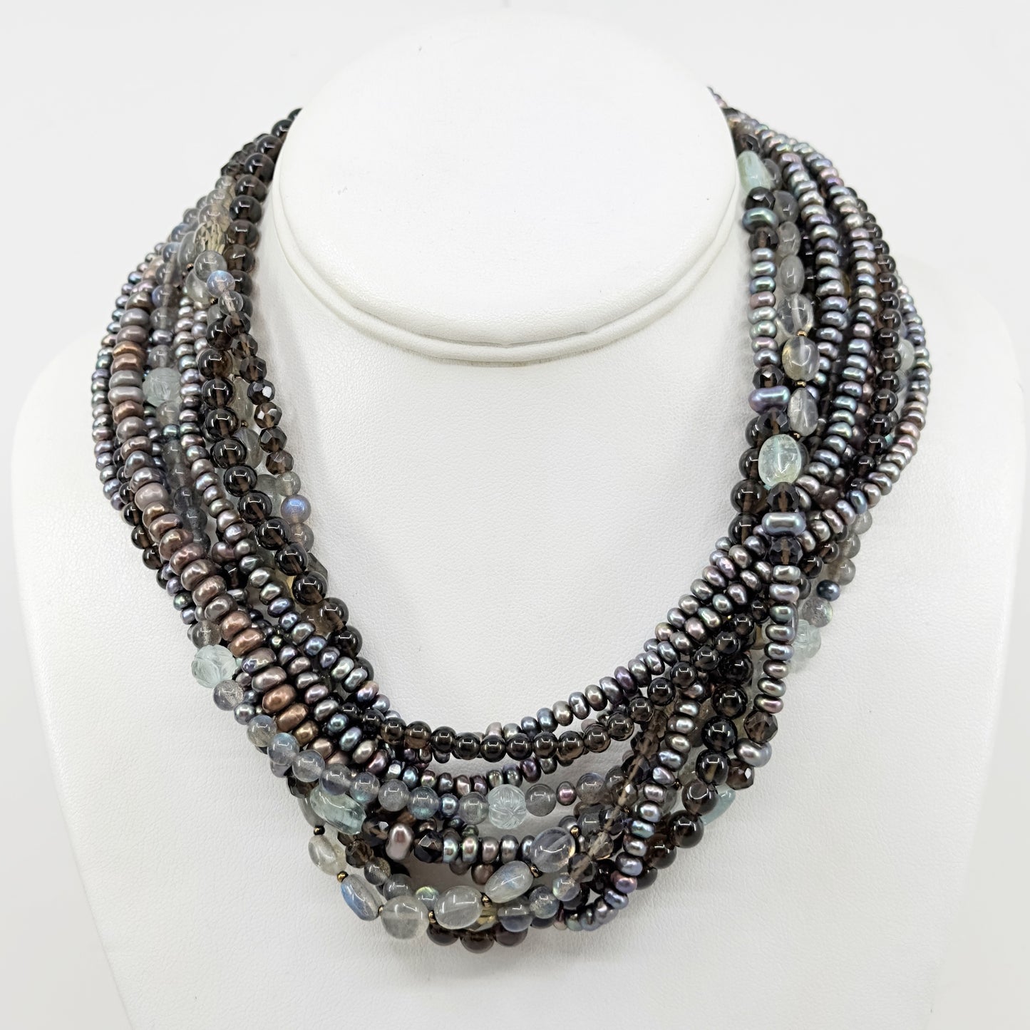 Stephen Dweck bronze pearl labradorite smoky quartz bead torsade necklace GM677
