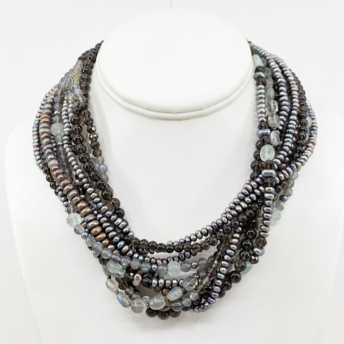 Stephen Dweck bronze pearl labradorite smoky quartz bead torsade necklace GM677