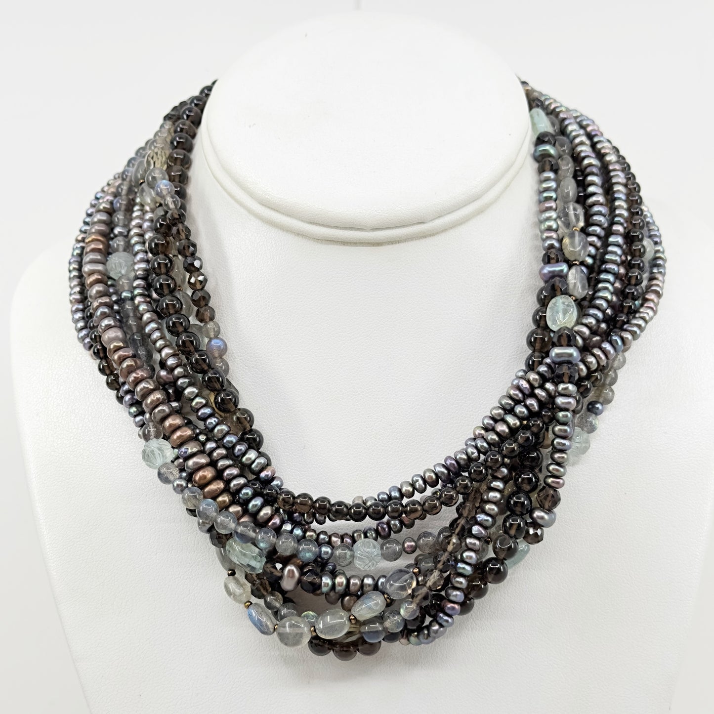 Stephen Dweck bronze pearl labradorite smoky quartz bead torsade necklace GM677