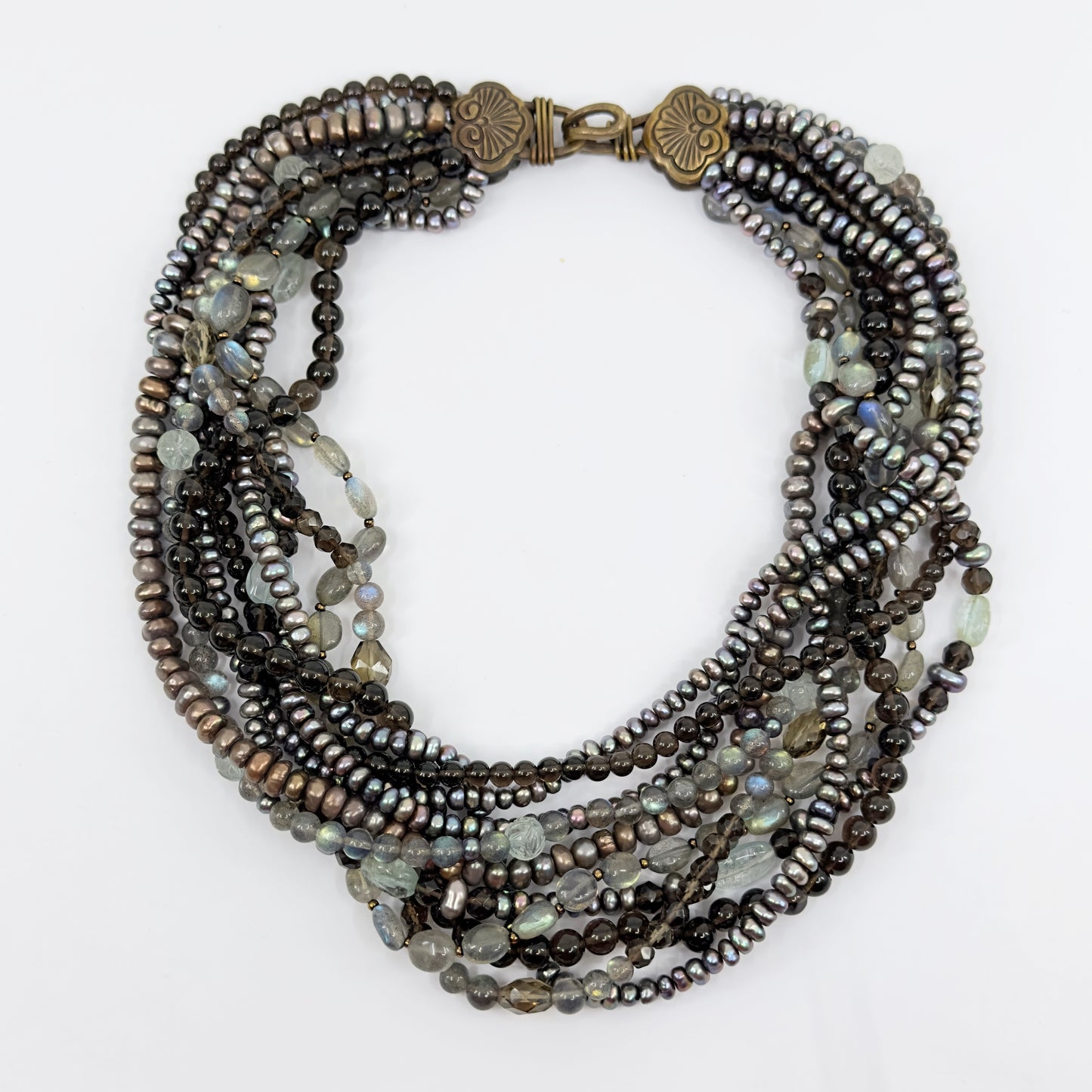 Stephen Dweck bronze pearl labradorite smoky quartz bead torsade necklace GM677