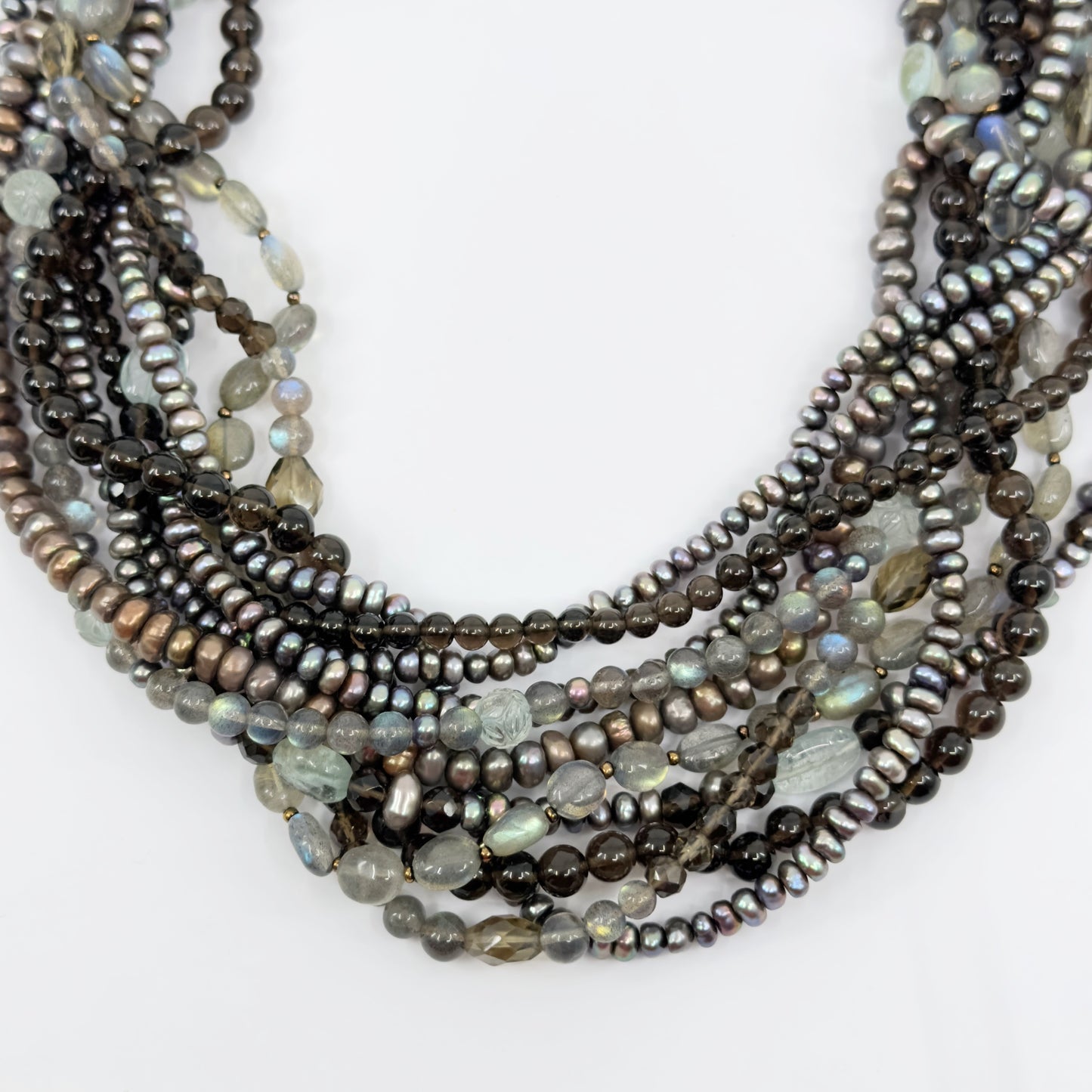 Stephen Dweck bronze pearl labradorite smoky quartz bead torsade necklace GM677