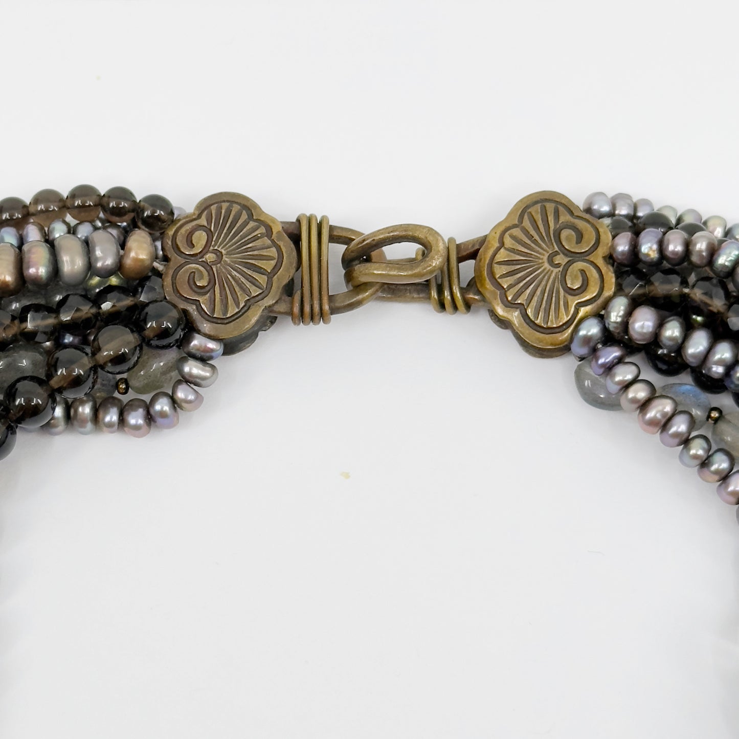 Stephen Dweck bronze pearl labradorite smoky quartz bead torsade necklace GM677