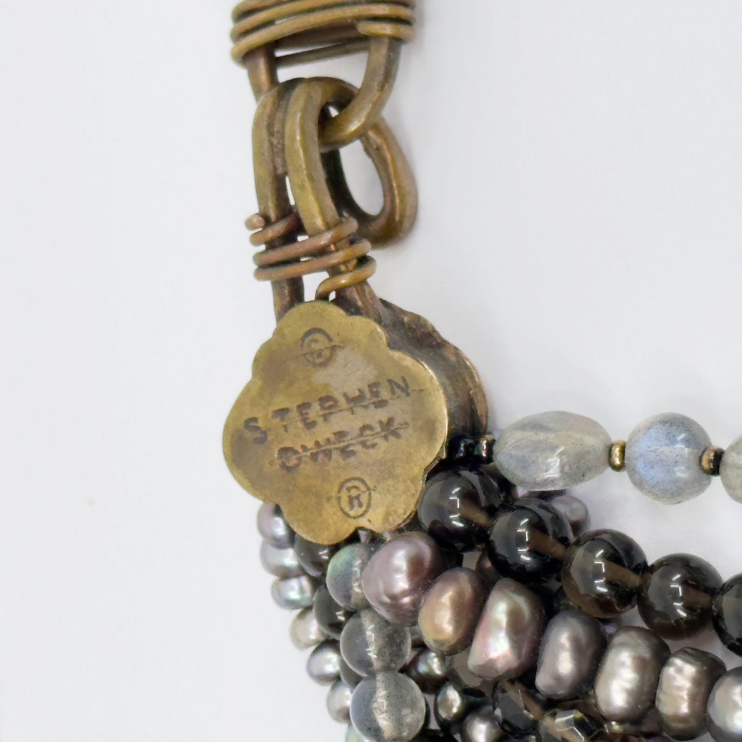 Stephen Dweck bronze pearl labradorite smoky quartz bead torsade necklace GM677