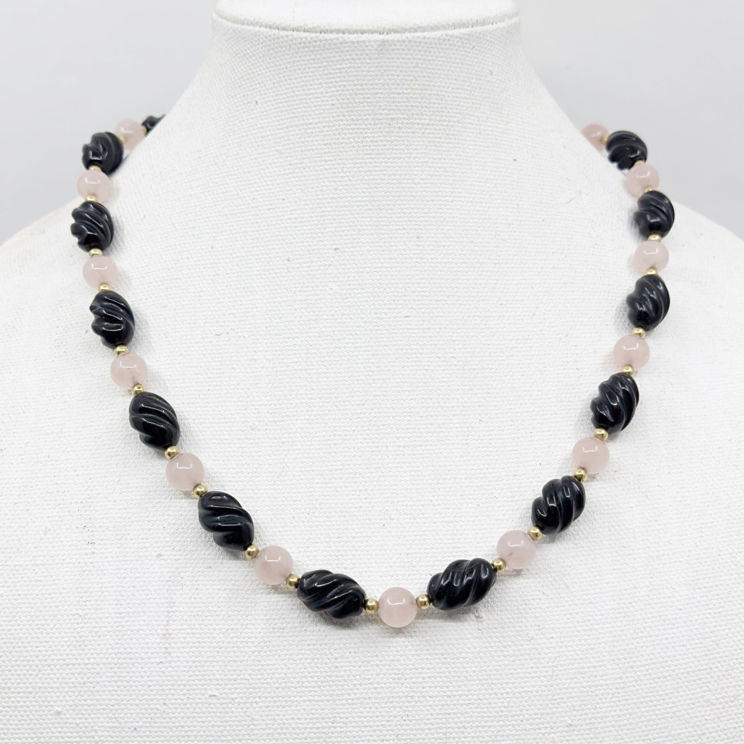 14k Gold Filled rose quartz & onyx bead necklace GM687