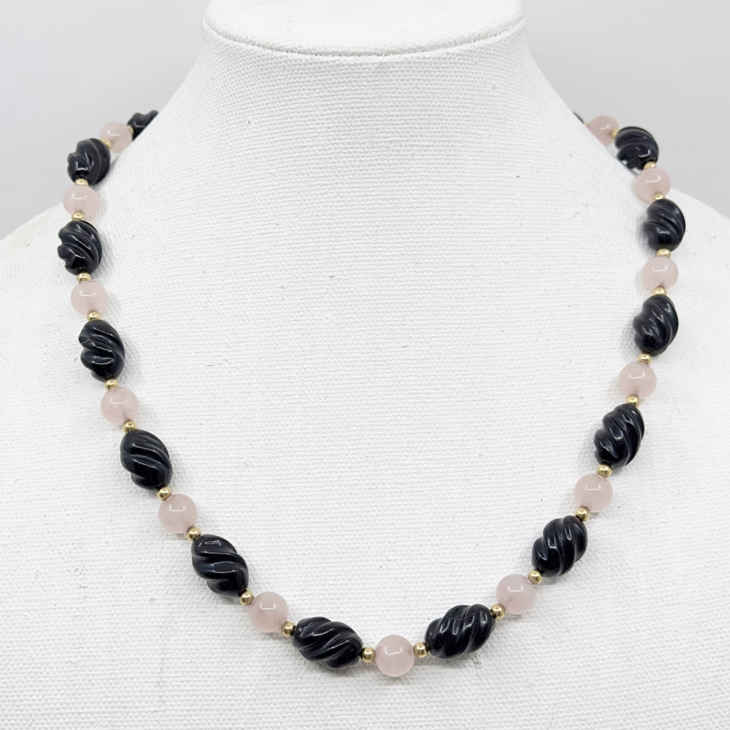 14k Gold Filled rose quartz & onyx bead necklace GM687