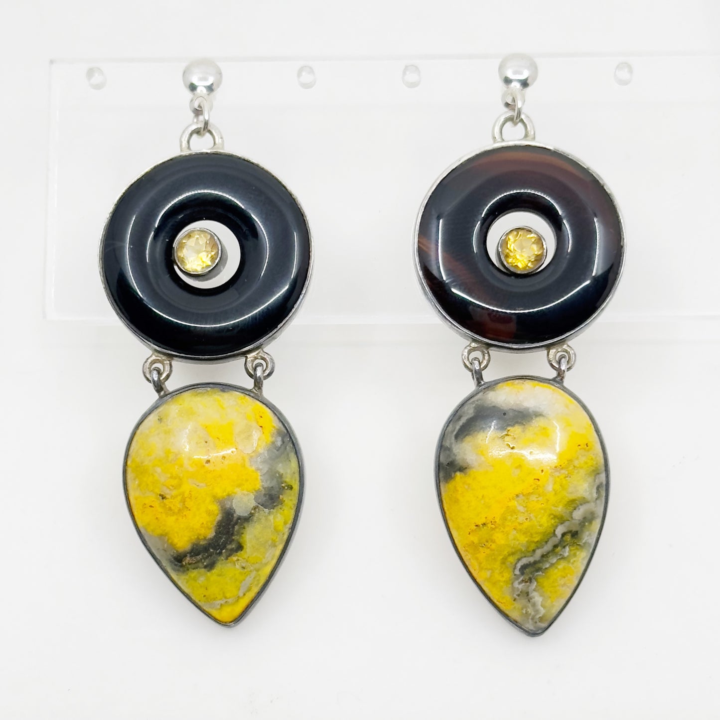 Hand Made sterling silver onyx agate & citrine drop earrings GM688