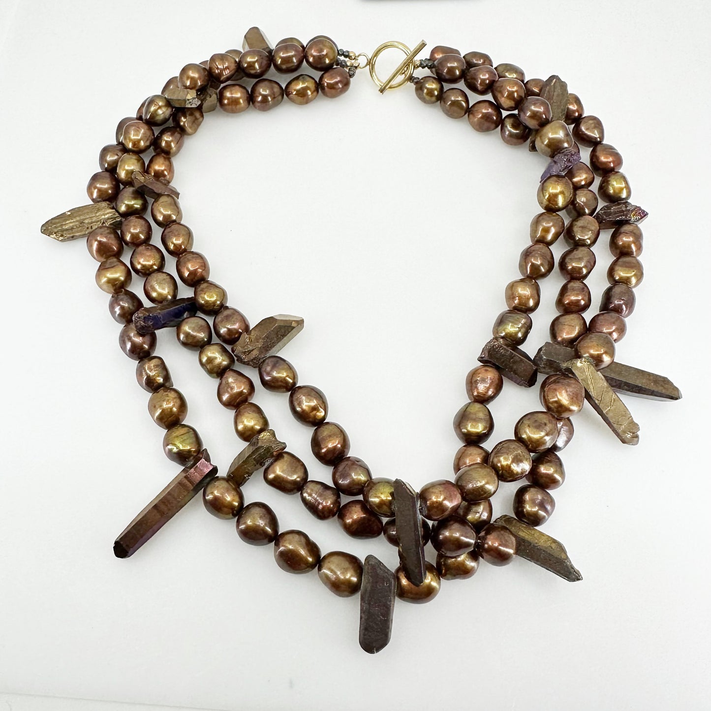 Handcrafted 14k Gold Filled freshwater pearl & titanium coated quartz bead necklace GM693