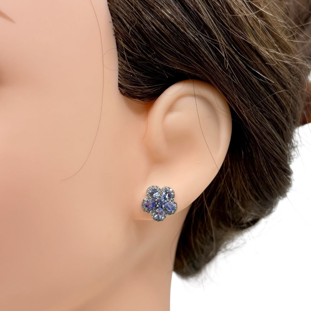 Sterling silver cubic zirconia flower stud earrings - GM712