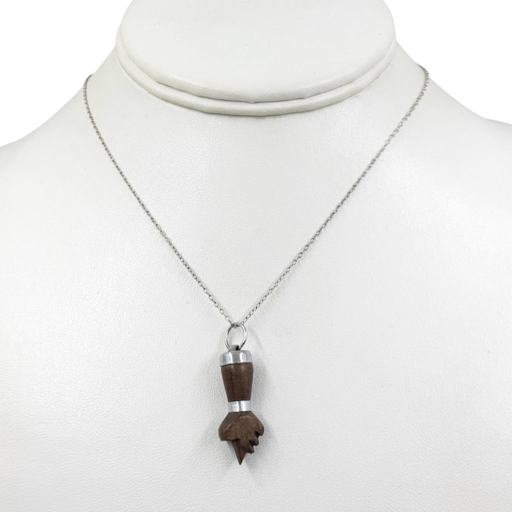 Vintage silver metal & wood Figa amulet pendant - GM738