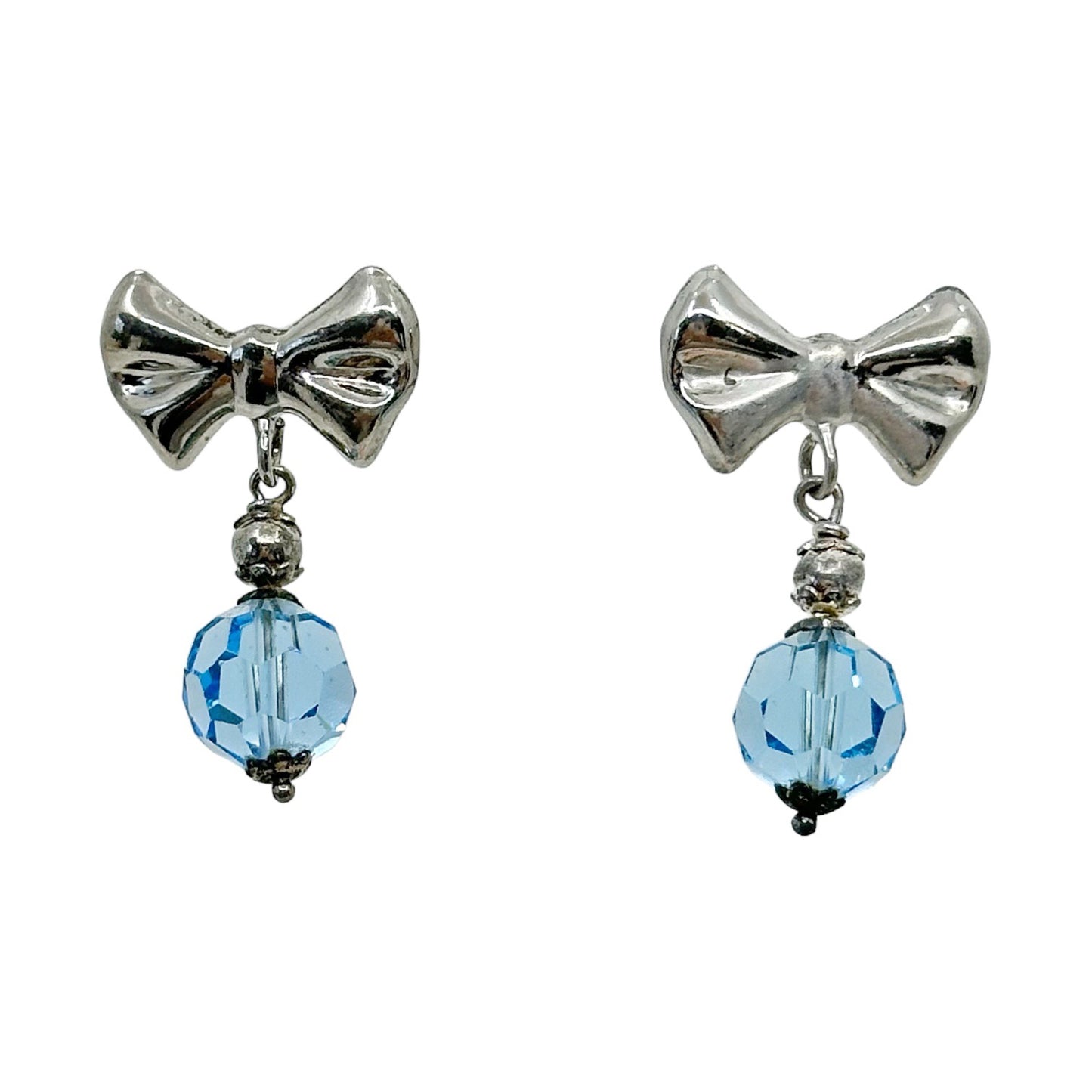Vintage Sterling silver crystal bead ribbon bow earrings GM743