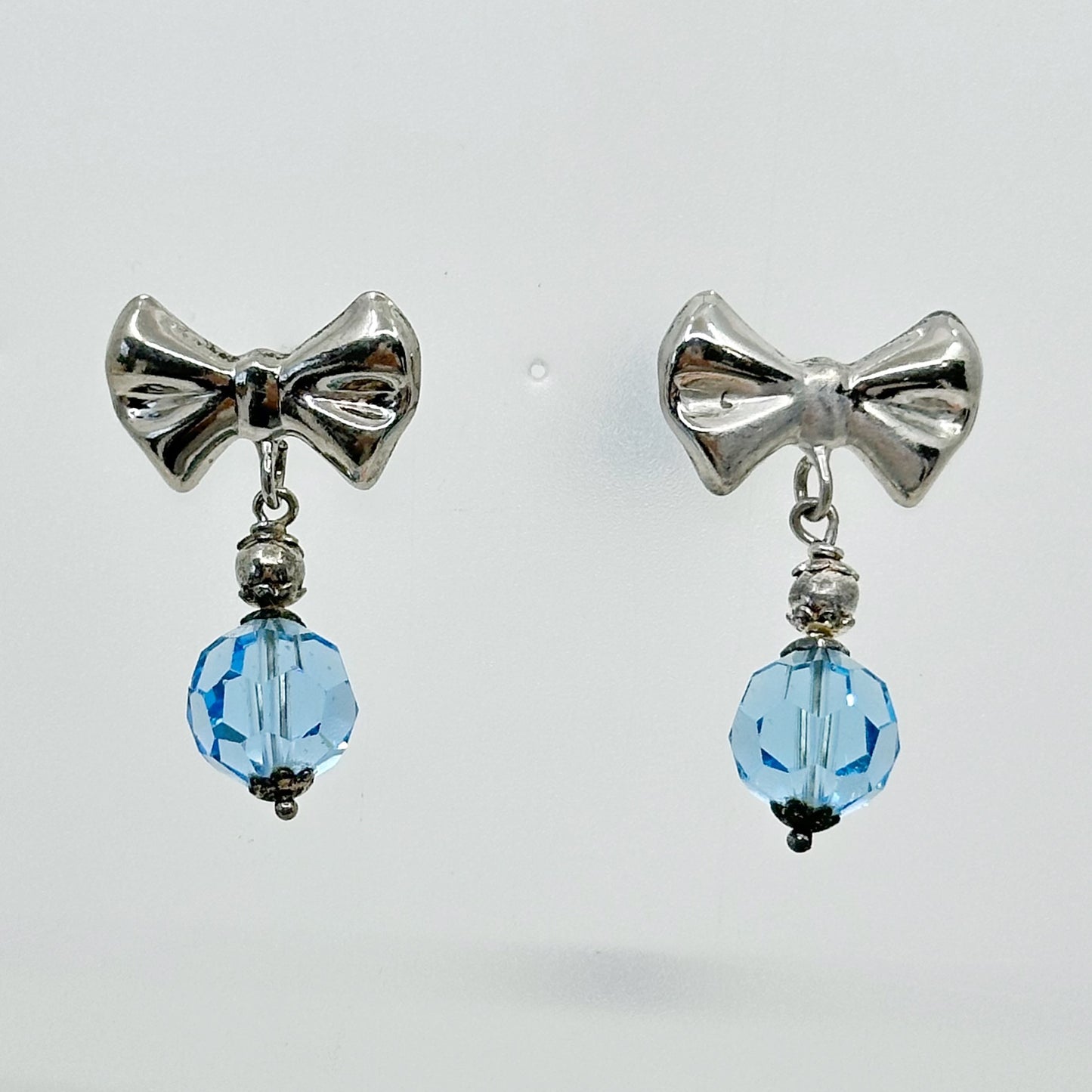 Vintage Sterling silver crystal bead ribbon bow earrings GM743